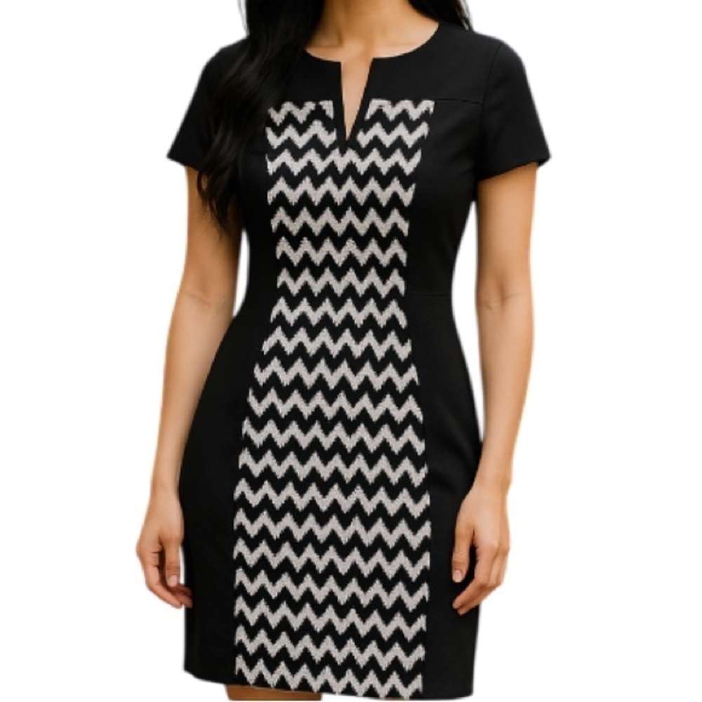 CONNECTED APPAREL Split V-Neck Chevron Print Dress Black White Metallic Size 10